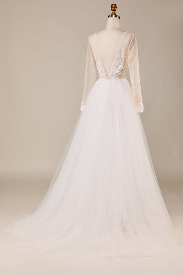 A Line Deep V-Neck Ivory Tylle Sweep Train brudekjole med blonder